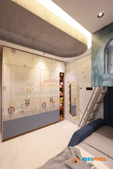 Loft bed with a ladder and a curved blue wall in a child’s bedroom
