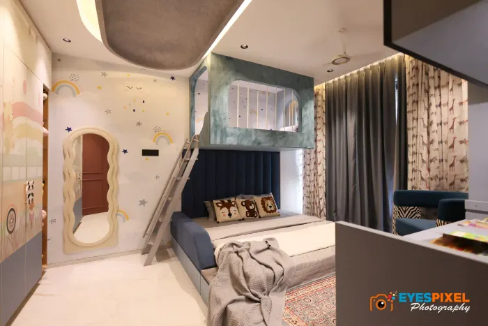 Children’s room with a raised play loft, arched doorway and a hand-painted wall