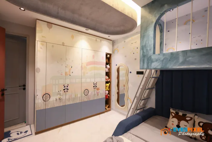 Children’s bedroom with a loft bed, ladder and a pastel wardrobe wall
