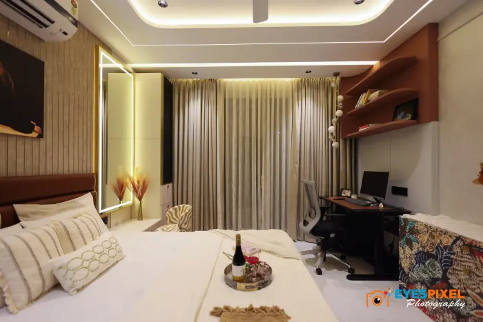 Bedroom desk and chair set against a fluted panelled wall