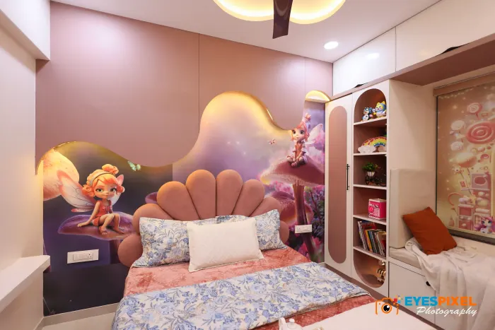 Painted mural wall behind a child’s bed, with storage built in alongside